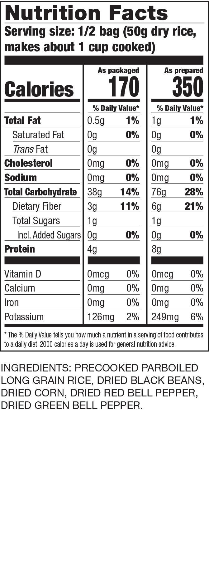 Nutrition Facts White Rice, Black Beans, Corn & Bell Peppers