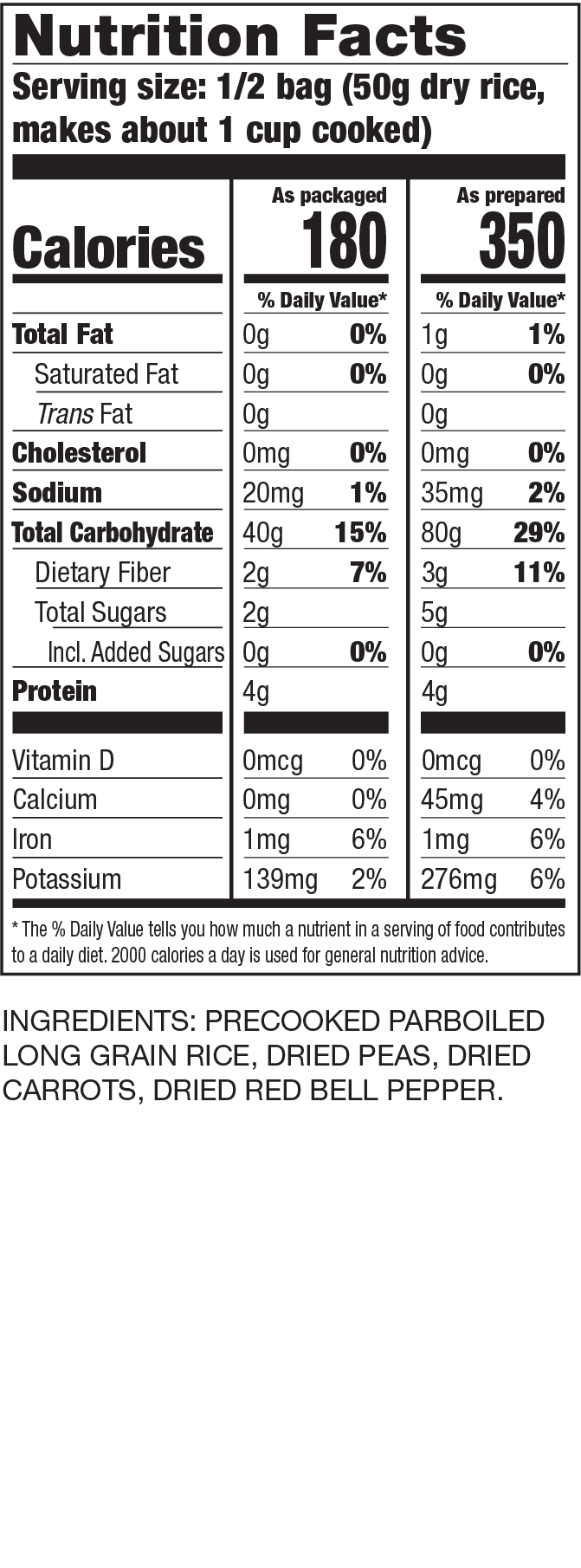 Nutrition Facts White Rice, Peas, Carrots & Red Bell Peppers
