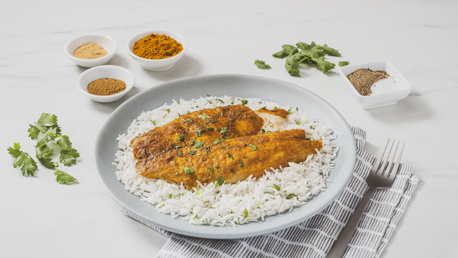 Curry Marinated Baked Fish with Basmati Rice