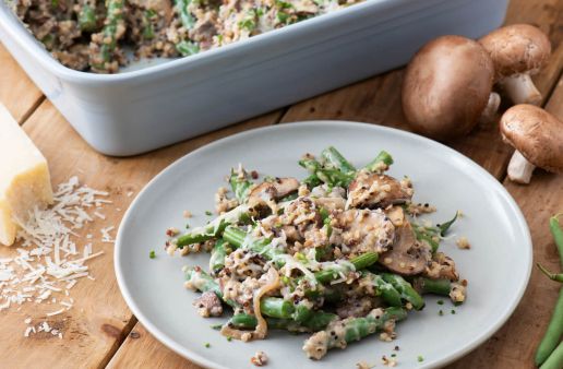Quinoa Green Bean Casserole with Mushrooms and Parmesan Cheese