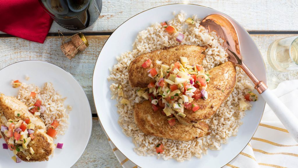 Cumin Rubbed Chicken with Artichoke Salsa and Brown Rice