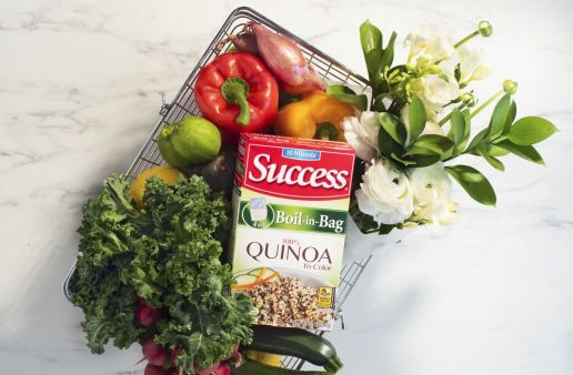 Basket filled with vegetables, flowers and Success® Quinoa Boil-in-Bag Package