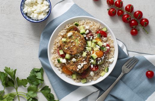 Mediterranean Rice Bowl with Zucchini Fritters