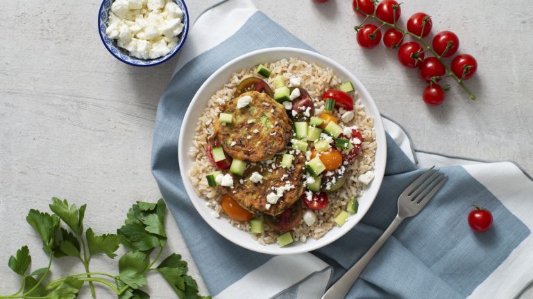 Mediterranean Rice Bowl with Zucchini Fritters