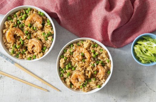 Shrimp fried rice bowl topped with green onion