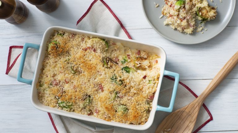 Brussels Sprouts & Ham Rice Gratin