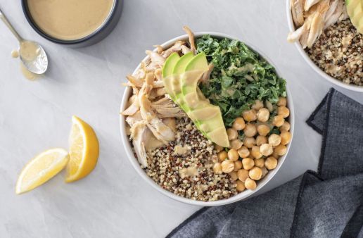 Chicken and quinoa power bowl with tahini caesar dressing