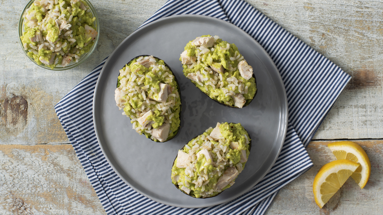 Avocados stuffed with chicken and rice salad