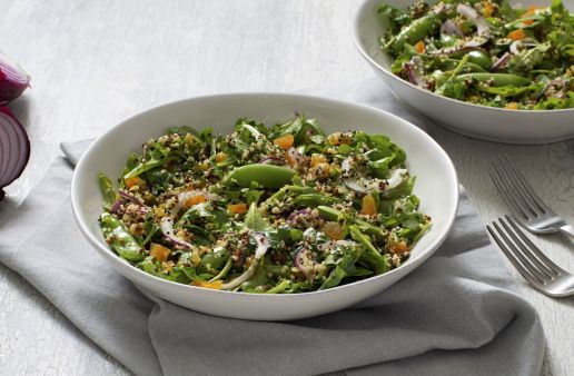 Quinoa salad with apricots, snap peas and homemade vinaigrette