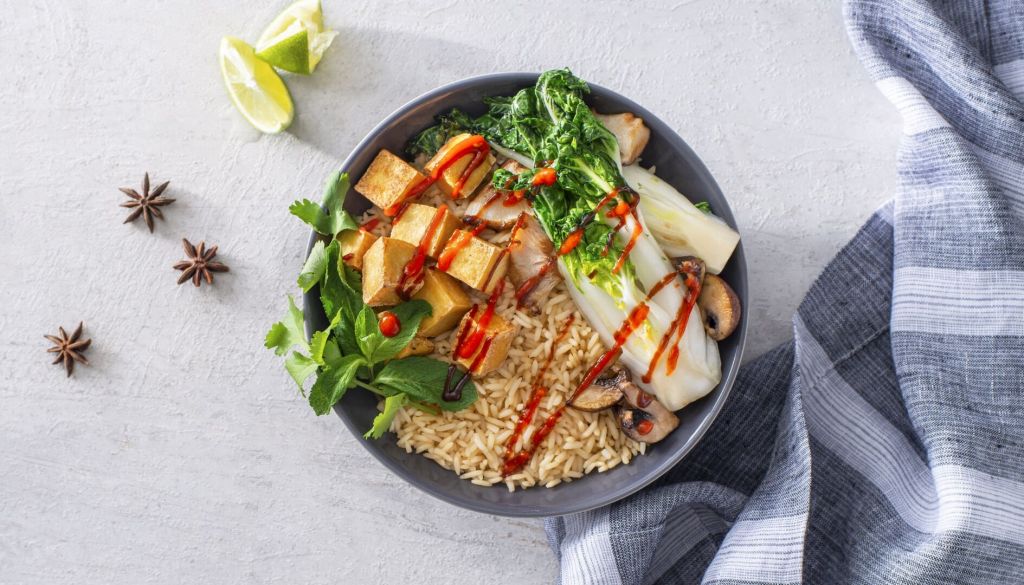 Vegetarian Pho Rice Bowl with tofu and jasmine