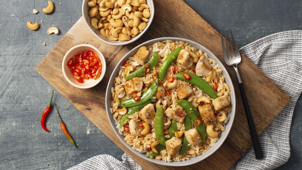 Chicken-Fried-Rice-with-Jasmine-Rice-Cashews-Chili-Peppers-and-snap-peas