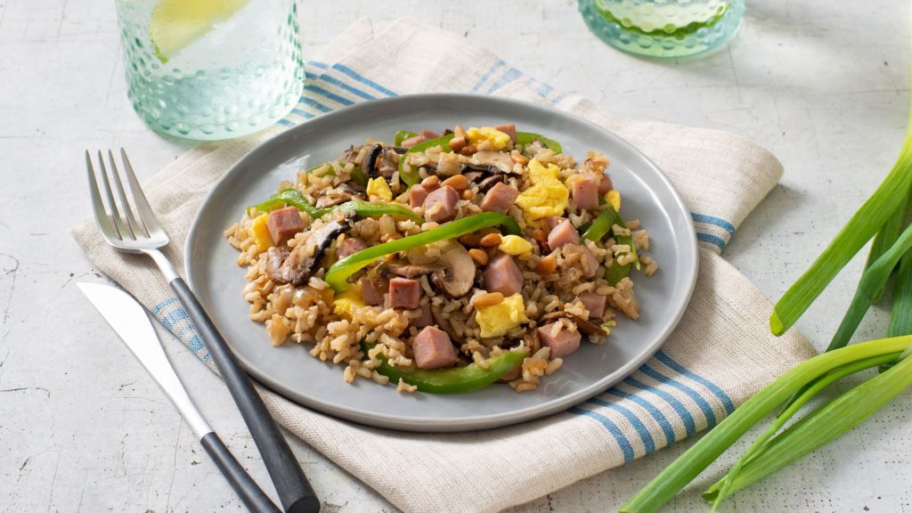fried-rice-with-pine-nuts-ham-green-bell-pepper-eggs-and-mushrooms