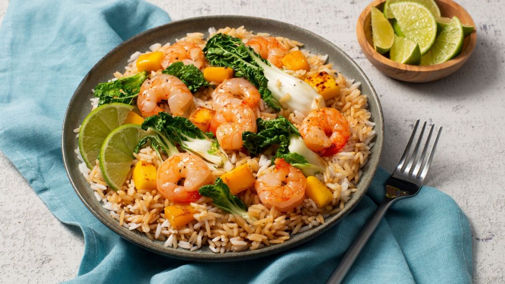 shrimp-fried-rice-with-fresh-mango-bok-choy-ginger-root-and-lime
