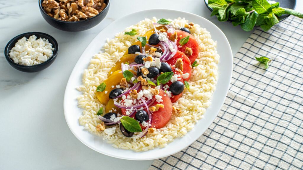 jasmine-rice-salad-with-beets-watermelon-black-olives-and-feta-cheese