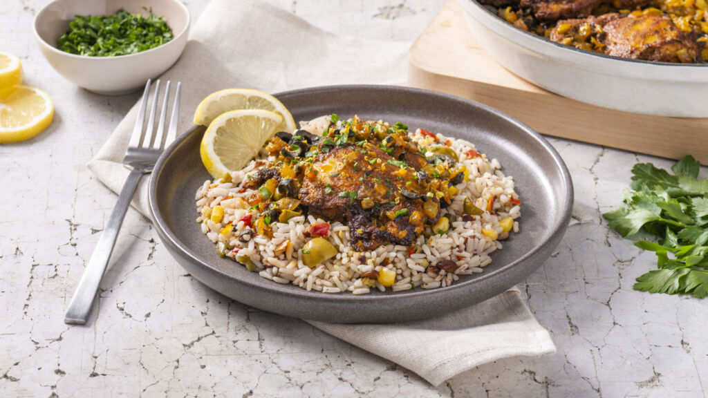 chicken-tagine-skillet-with-white-rice-black-beans-corn-and-bell-peppers