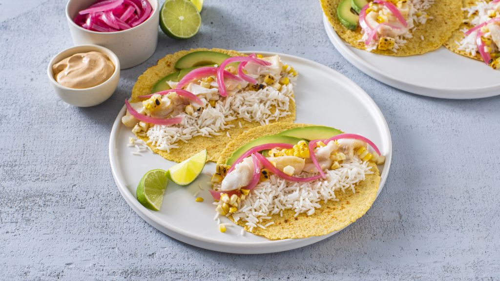 loaded-fish-tacos-with-avocado-white-rice-pickled-onions-corn-and-adobo-sauce