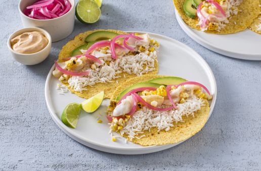 loaded-fish-tacos-with-avocado-white-rice-pickled-onions-corn-and-adobo-sauce