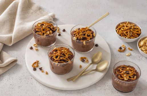 brown rice chocolate pudding cups with sweet and savory toppings