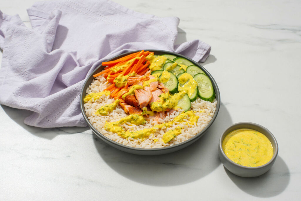 salmon rice bowl with turmeric yogurt