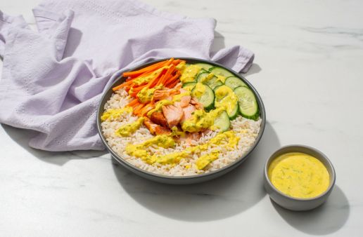 salmon rice bowl with turmeric yogurt