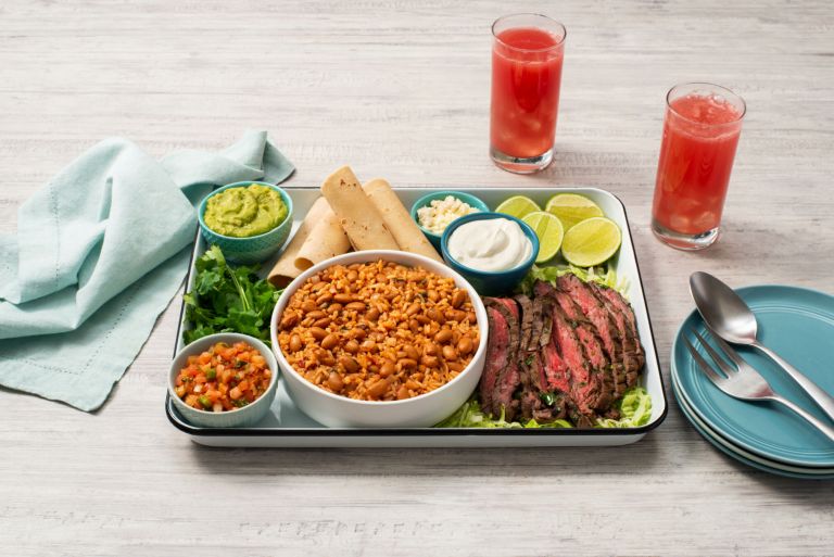 Taco Platter with Grilled Lime-Jalapeño Steak and Spicy Rice and Beans