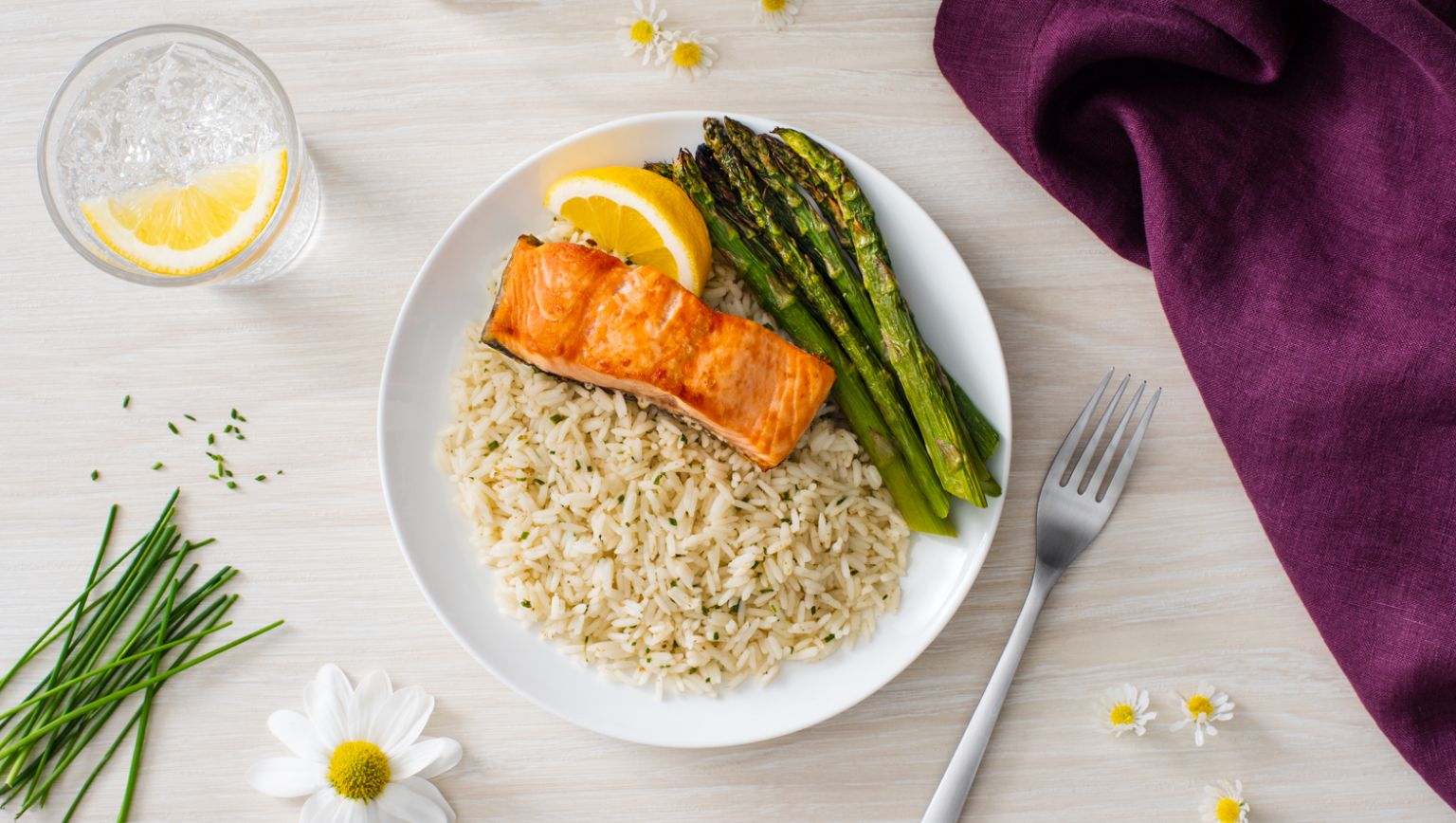 Chamomile Infused Jasmine Rice with Broiled Salmon and Asparagus