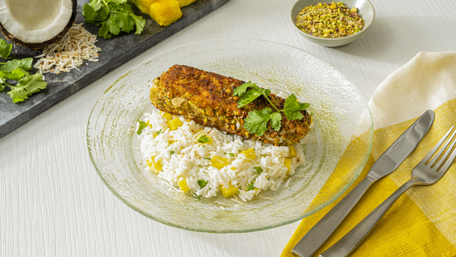 Pistachio Crusted Halibut with Pineapple Coconut Rice