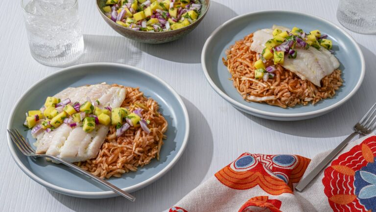 Mango Salsa Baked Cod with BBQ Slaw Rice Recipe | Success® Rice