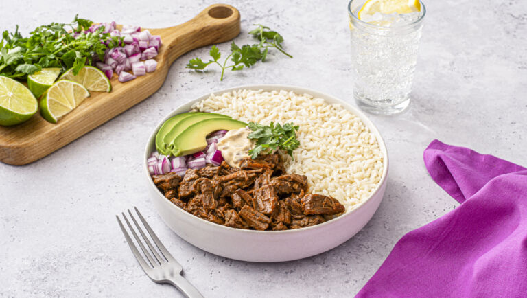 Easy Birria Bowl and Rice with Chipotle Crema