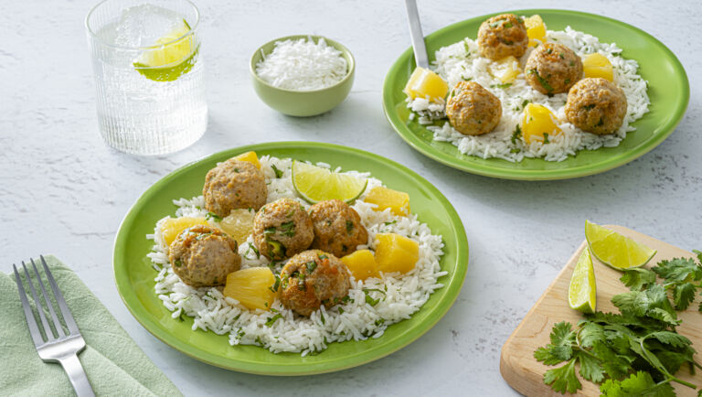 Firecracker Chicken Meatballs & Coconut Pineapple Rice