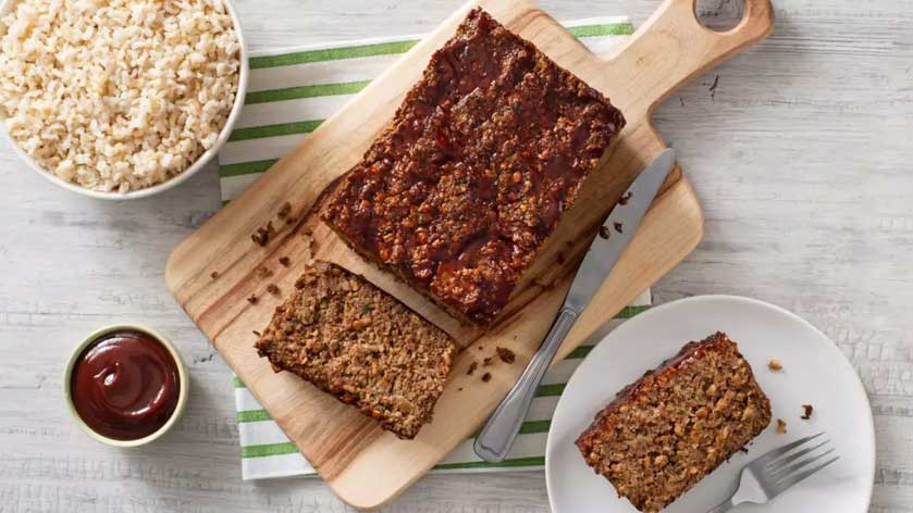 vegan meatloaf with brown rice and BBQ sauce