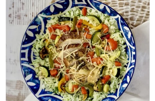 garlic butter herb jasmine rice bowl with roasted veggies