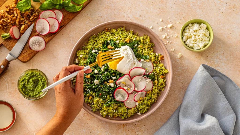 arugula and rice walnut pesto bowl recipe