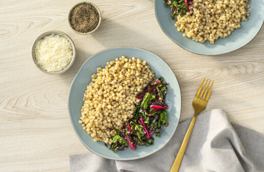 Cacio e Pepe Pearl Couscous with Sauteed Swiss Chard