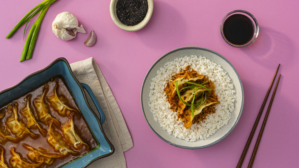 One Pan Dumpling Bake with Sticky Rice