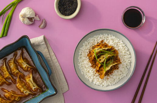 One Pan Dumpling Bake with Sticky Rice